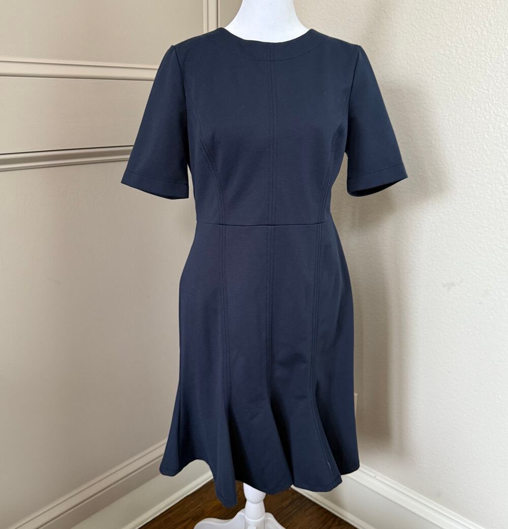 Banana Republic 10P Navy Dress Shift Button Back Ruffle Mermaid Hem Modest Party
